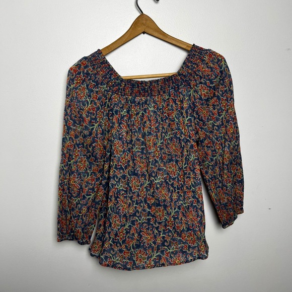 Chaps Tops - Chaps Womens Blue Floral Print Smocked Neck 3/4 Sleeve Blouse Peasant Top Size S